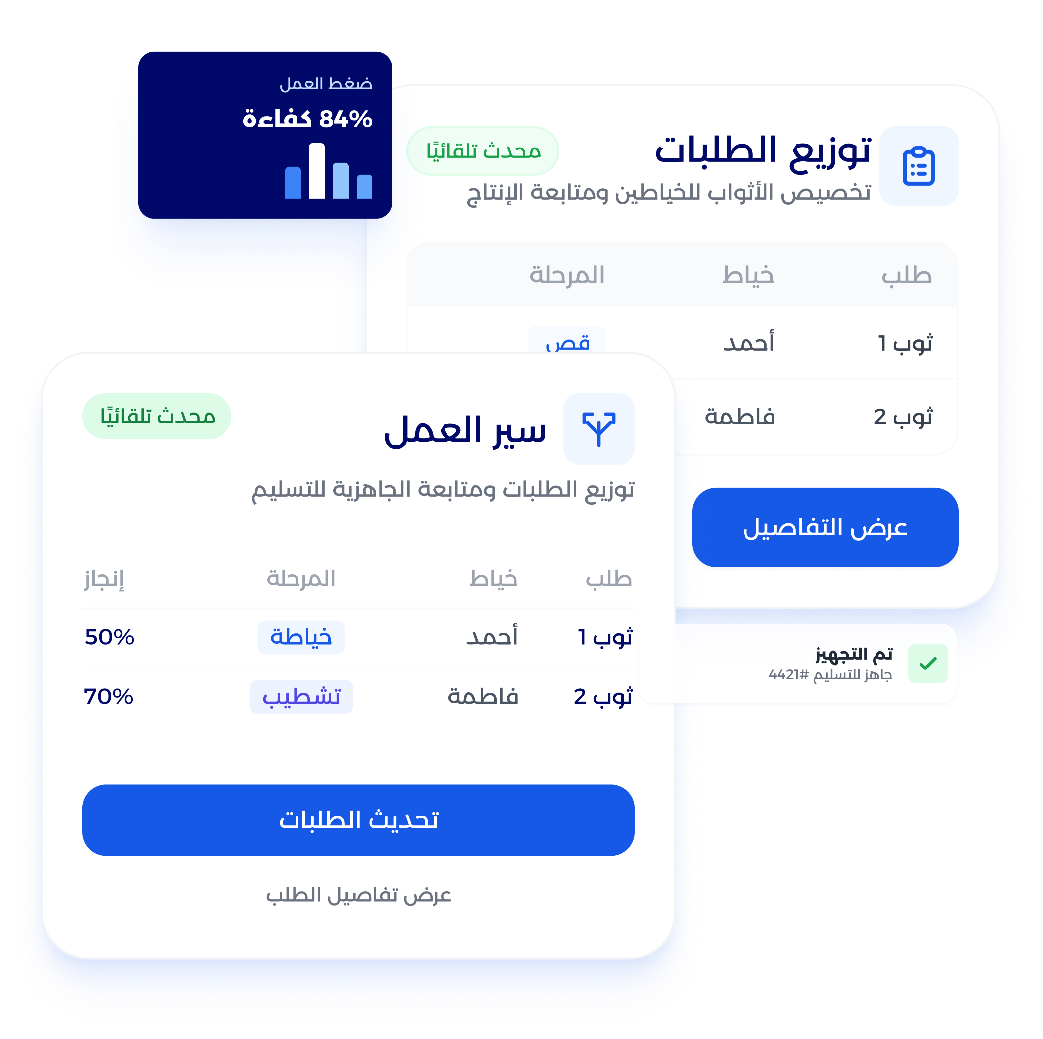 شاشة إدارة الخياطين وتوزيع الطلبات داخل المشغل