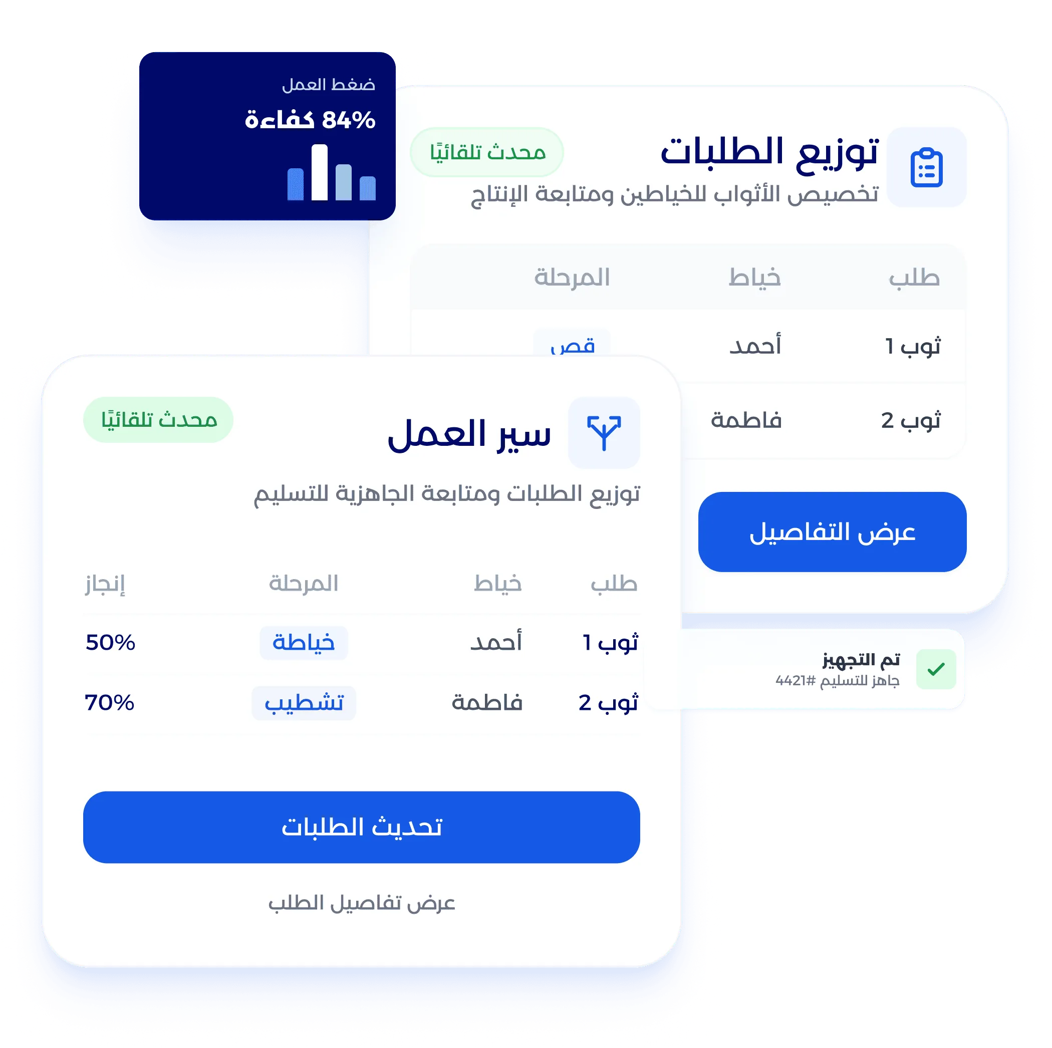 شاشة إدارة الخياطين وتوزيع الطلبات داخل المشغل
